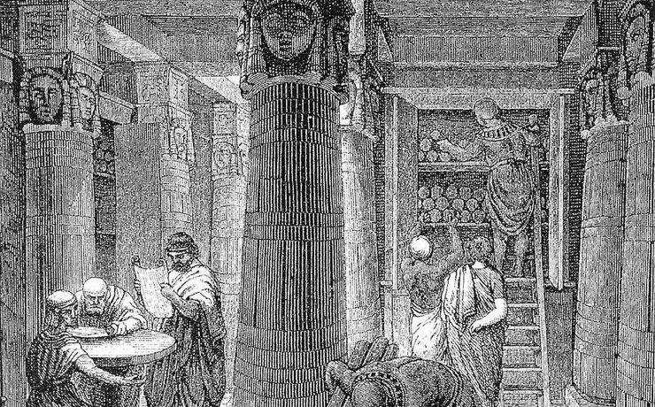 An engraving of scholars reading among the columns of an ancient library