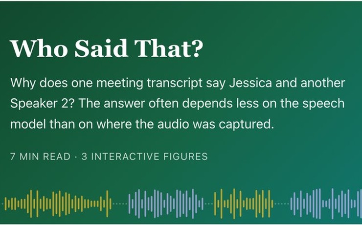 Green tile from the explainer Who Said That?, with a waveform along the bottom